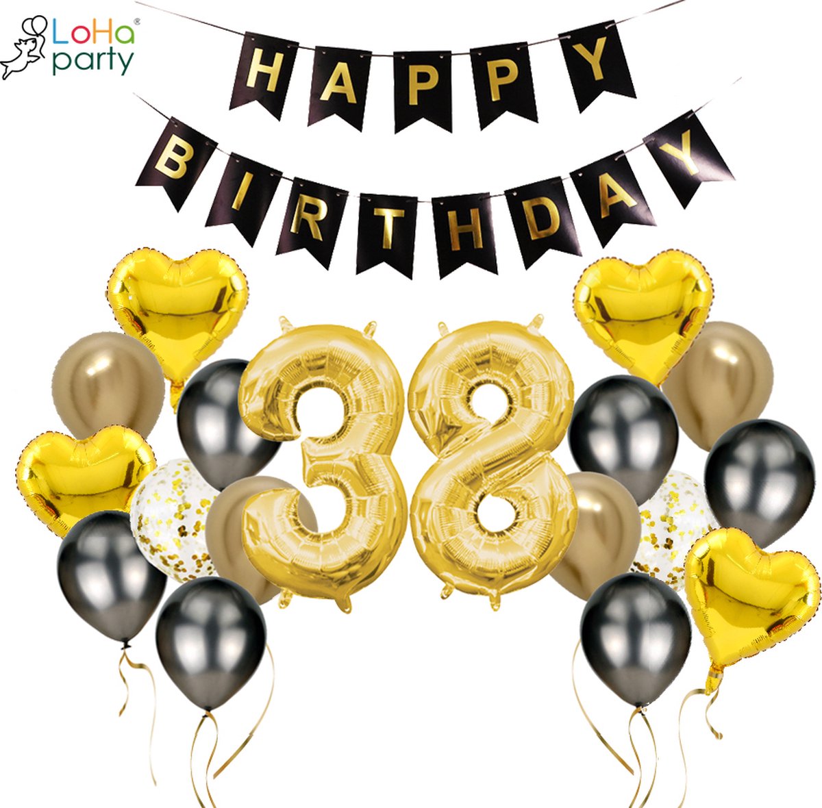 Loha-party®Folie ballon cijfer 38 -XXL cijfer 3 en XXL cijfer 8-Gouden 38-Gouden hartje Folie ballonnen-38e verjaardag decoratie-“happy birthday”slinger-Versiering-Trouwdag-Feestpakket-Herdenkingsdag Decoratie kit-101cm（40inch）