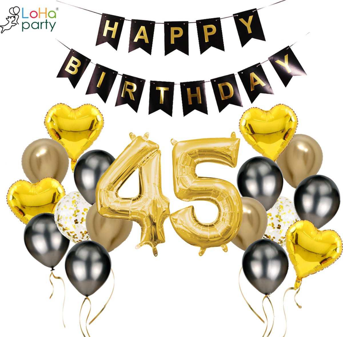 Loha-party®Folie ballon cijfer 45 -XXL cijfer 5en XXL cijfer 4-Gouden 45-Gouden hartje Folie ballonnen-45e verjaardag decoratie-“happy birthday”slinger-Versiering-Trouwdag-Feestpakket-Herdenkingsdag Decoratie kit-101cm（40inch）