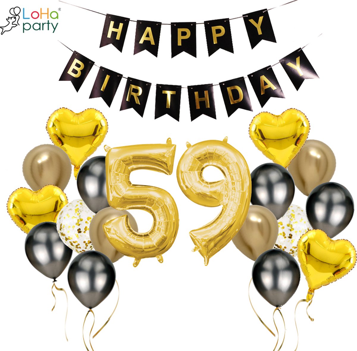 Loha-party®Folie ballon cijfer 59 -XXL cijfer 5 en XXL cijfer 9-Gouden 59-Gouden hartje Folie ballonnen-59e verjaardag decoratie-“happy birthday”slinger-Versiering-Trouwdag-Feestpakket-Herdenkingsdag Decoratie kit-101cm（40inch）