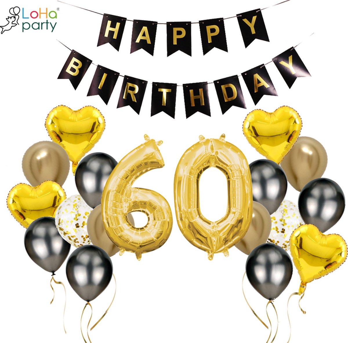 Loha-party®Folie ballon cijfer 60 -XXL cijfer 6 en XXL cijfer 0-Gouden 60-Gouden hartje Folie ballonnen-60e verjaardag decoratie-“happy birthday”slinger-Versiering-Trouwdag-Feestpakket-Herdenkingsdag Decoratie kit-101cm（40inch）
