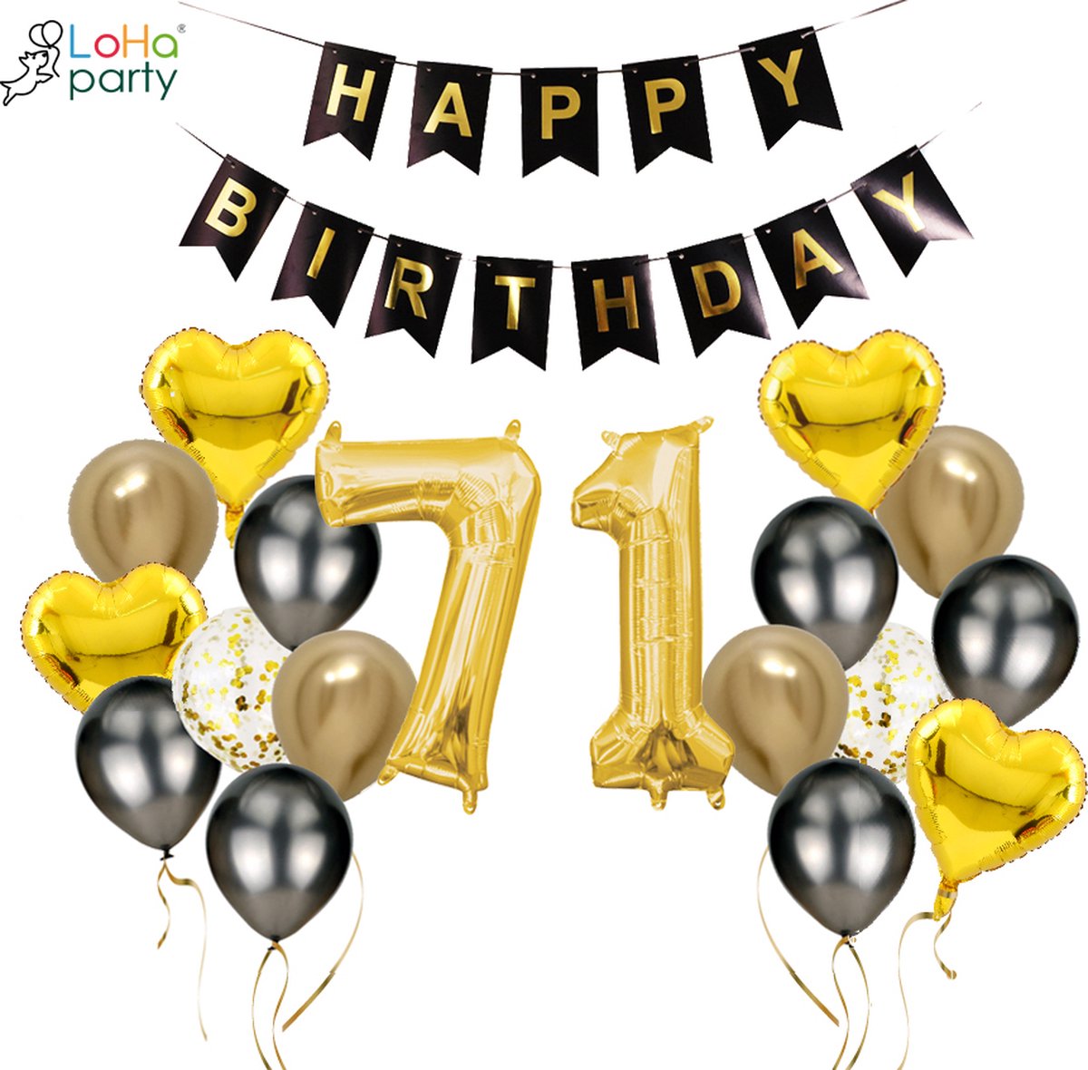 Loha-party®Folie ballon cijfer 71 -XXL cijfer 1 en XXL cijfer 7-Gouden 71-Gouden hartje Folie ballonnen-71e verjaardag decoratie-“happy birthday”slinger-Versiering-Trouwdag-Feestpakket-Herdenkingsdag Decoratie kit-101cm（40inch）