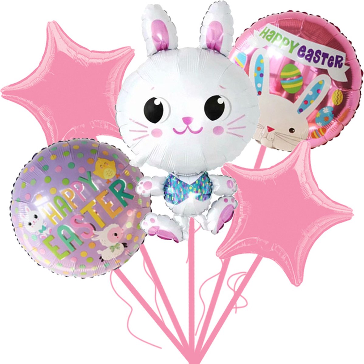 Loha-party®Vrolijk Pasen Thema Folie Ballonnen-Gekleurde eieren-XL konijn folie ballon-Konijntje in blauw vest-Kuikentje Folie Ballon-Schaarp Folie Ballon-Easter-Lente -Happy Easter-Konijn-Roze Folie Ster-Feestpakket-Versiering-Decoratie