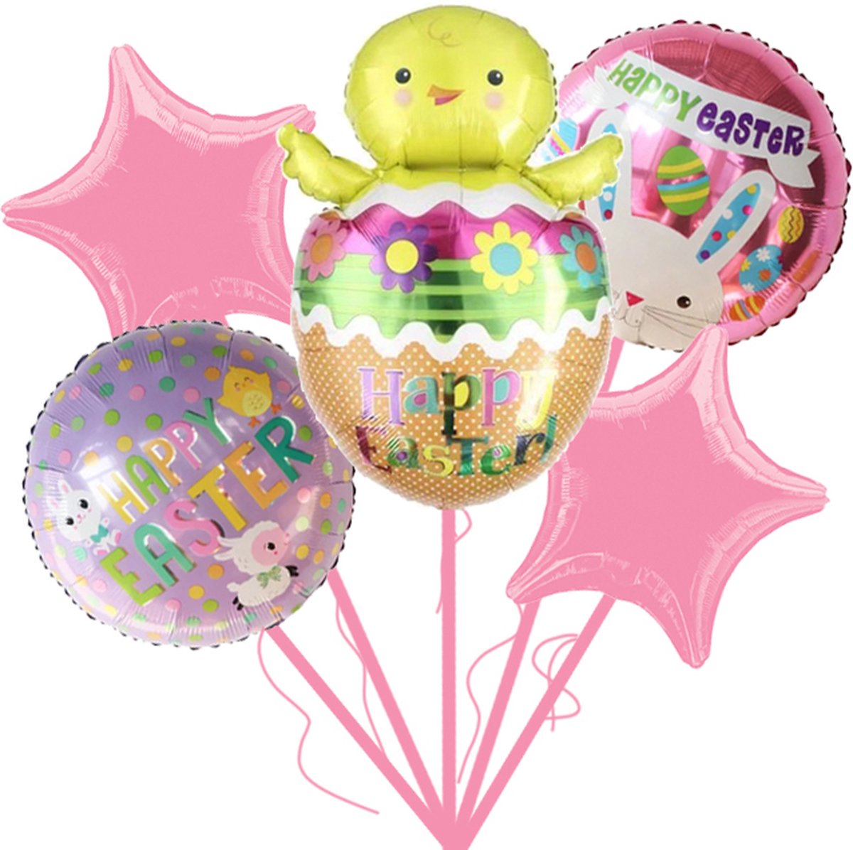 Loha-party®Vrolijk Pasen Thema Folie Ballonnen-Gekleurde eieren-XL kuiken uit de schaal folie ballon-Kuikentje Folie Ballon-Schaarp Folie Ballon-Easter-Lente -Happy Easter-Konijn-Roze Folie Ster-Feestpakket-Versiering-Decoratie
