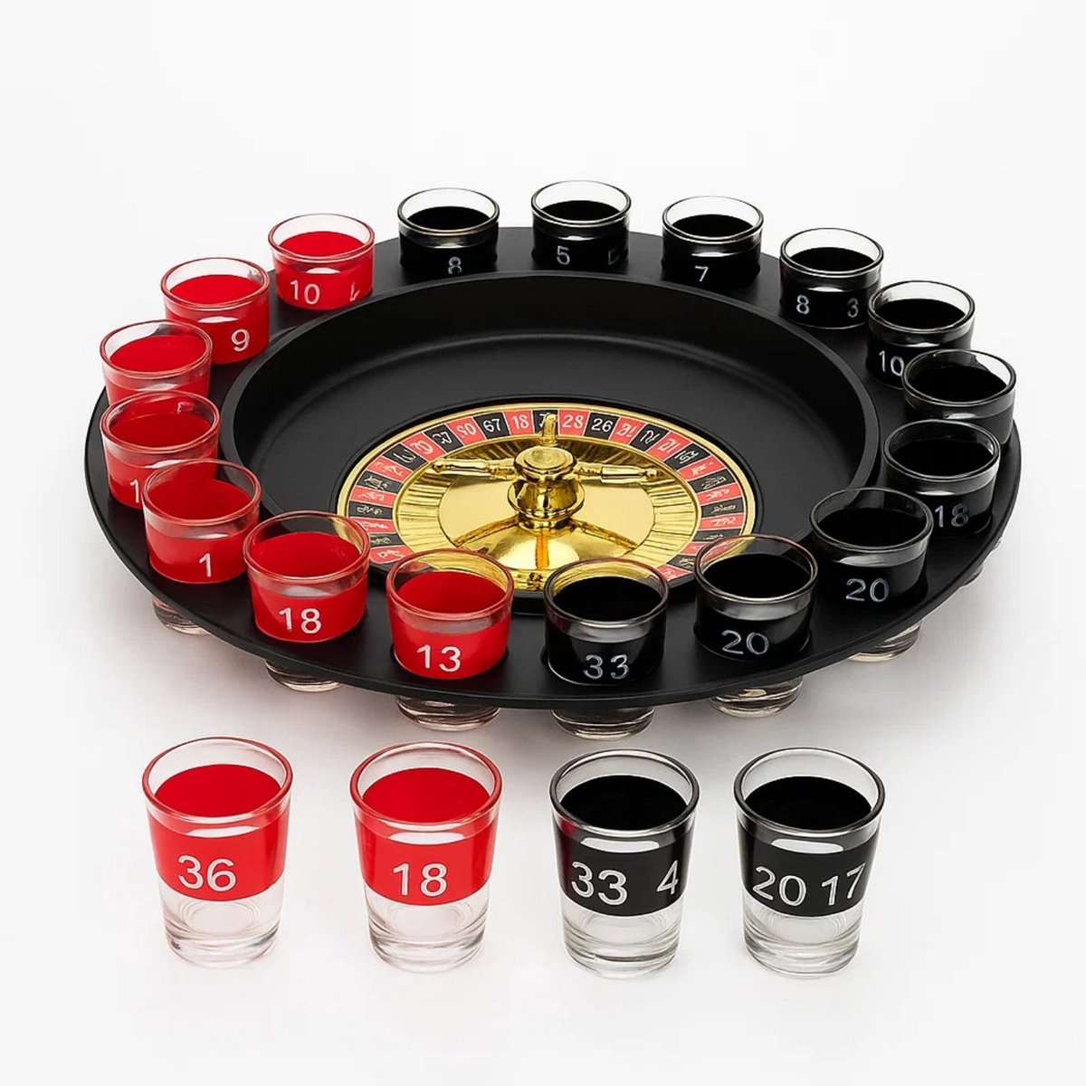 Lomera Drankspel Roulette - 16 Shotglaasjes - Drankspelletjes Volwassenen - Drinkspel - Roulette Wiel - Party Game - Diameter - Shotjes Spel