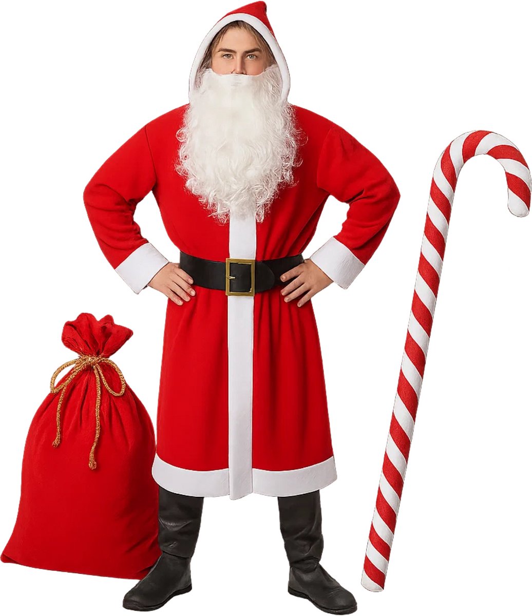 Lomera Kerstmanpak Luxe - Verkleedkleding Volwassenen - 5-delig Kostuum - Mantel en Baard - Overzetschoenen en Handschoenen - Riem Inbegrepen - One Size Kledingmaat - Polyester Materiaal - Kerstmis Verkleedkleding - Volwassen Kostuum