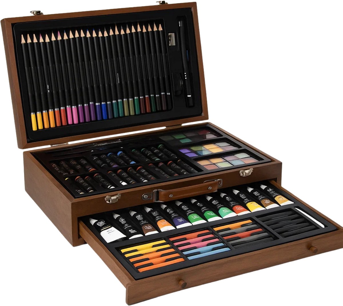 Lomera Teken- en Schilderset - Houten Koffer - 112-delig - Kleurpotloden - Waterverf - Oliepastels - Softpastels - Acrylverf - Grafiet Potloden - Penselen - Creatieve Set - Kunst Set - voor Kunstenaars - All-in-one Set - Draagbare Opslag