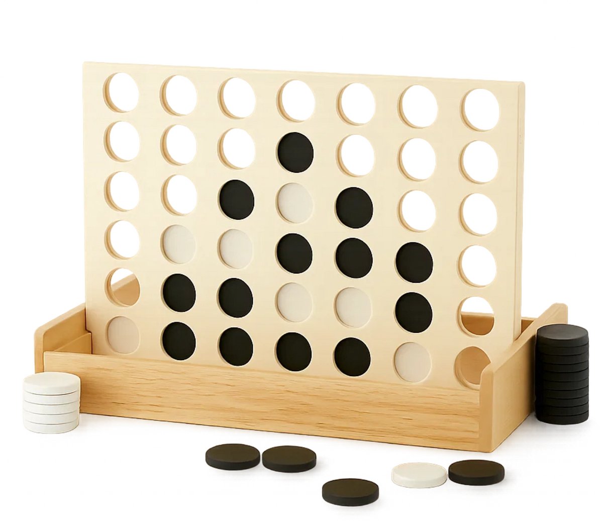 Lomera Vier op een Rij - Reisspel - Houten Speelbord - Compact Formaat - Lichtgewicht - Makkelijk Mee Te Nemen - Strategiespel - 2 Spelers - Zwart-witte Steentjes - Inklapbaar Ontwerp - Klassiek Spel - Gezelschapsspel - Vakantie Spel