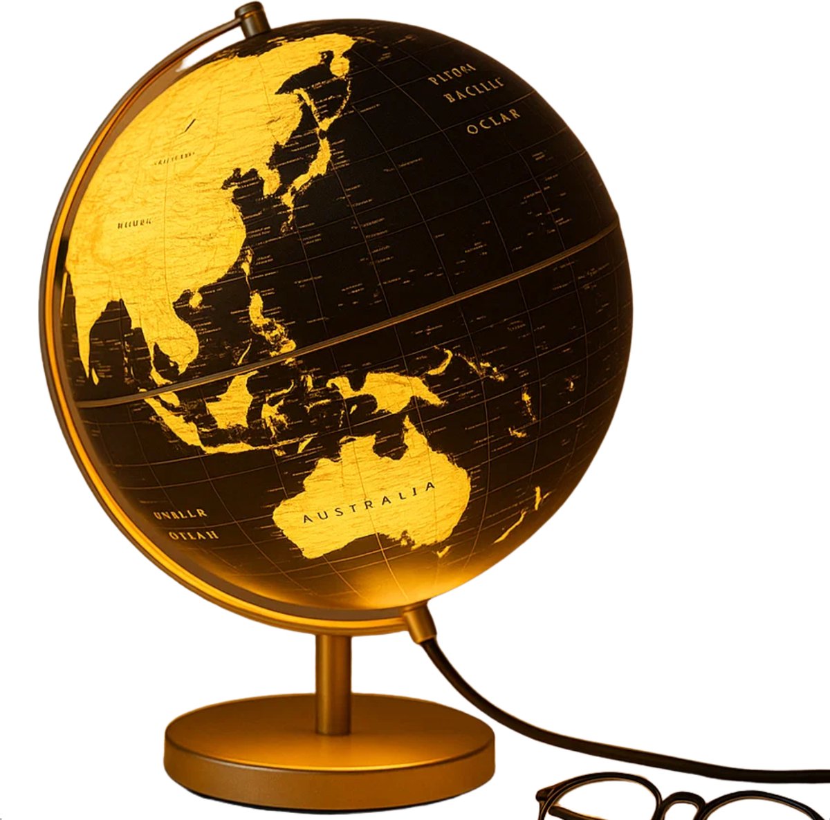 Lomera Wereldbol Met Licht - Globe Met Led - Usb Wereldbol - Zwarte Wereldbol - Goudkleurige Globe - Led Verlichting - Metalen Voet - Usb Aansluiting - Snoerschakelaar - Decoratieve Wereldbol - Moderne Wereldbol
