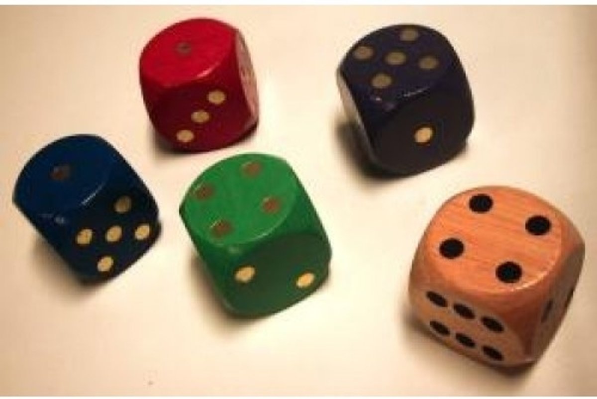 Dobbelsteen 30mm.hout 5 kleur ass.VE5 :: HOT Games