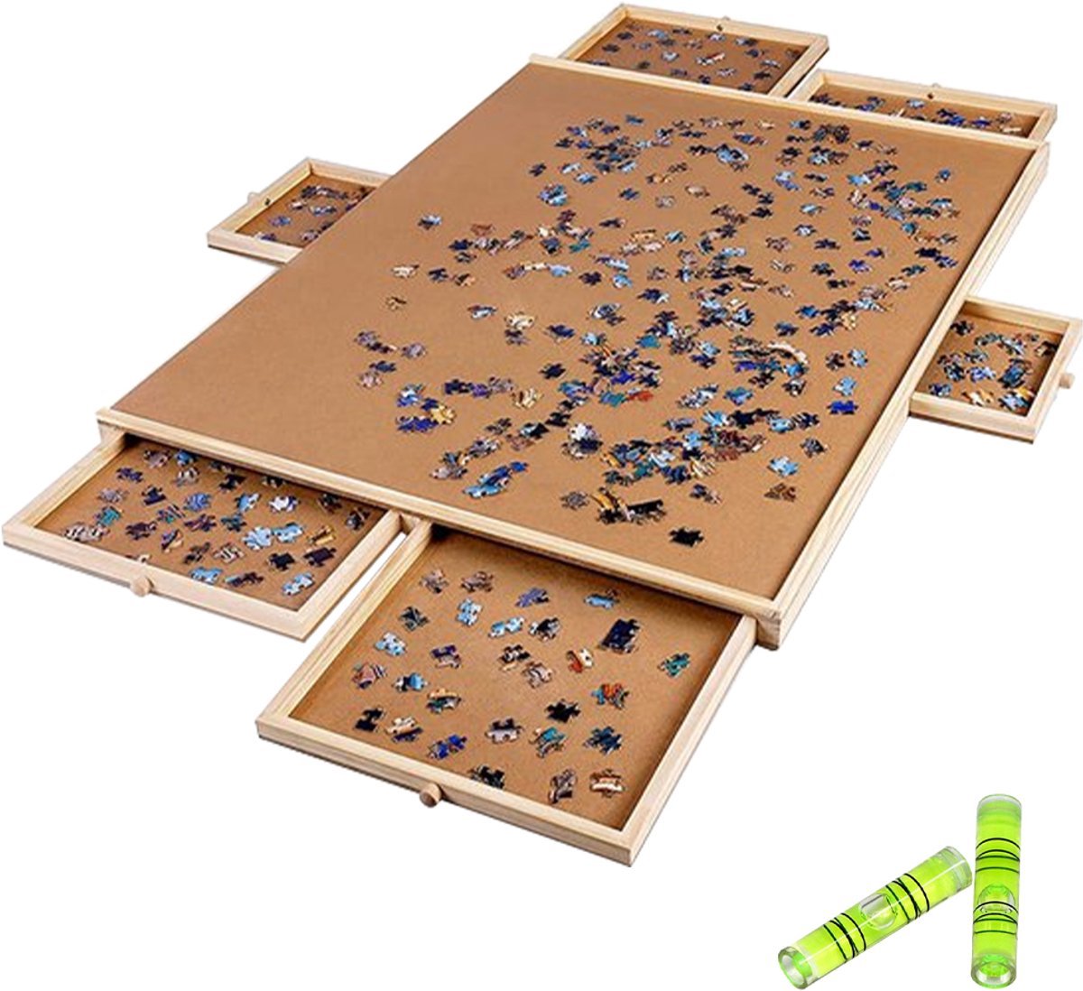   - Puzzelbord met Opbergsysteem - 1500 Stukjes - Draaibare Puzzeltafel - Houten   - Puzzelplank - 6 Lades en Sorteerbakjes voor 1500 Puzzelstukjes - Inclusief Waterpas - 97x71cm