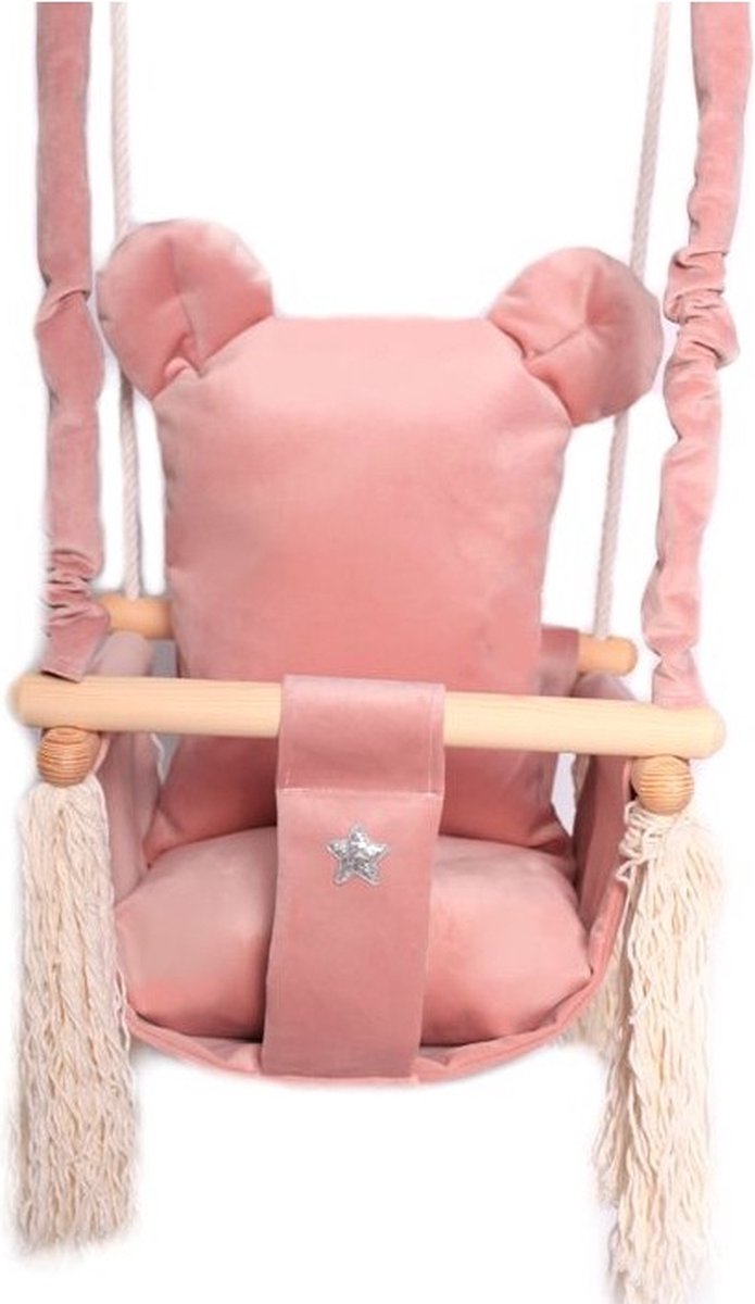 Luxe houten beer handgemaakte roze baby schommel en kinder schommel met beer oor vormig kussen – Baby swing - Schommelstoel - Schommels - Beren oren