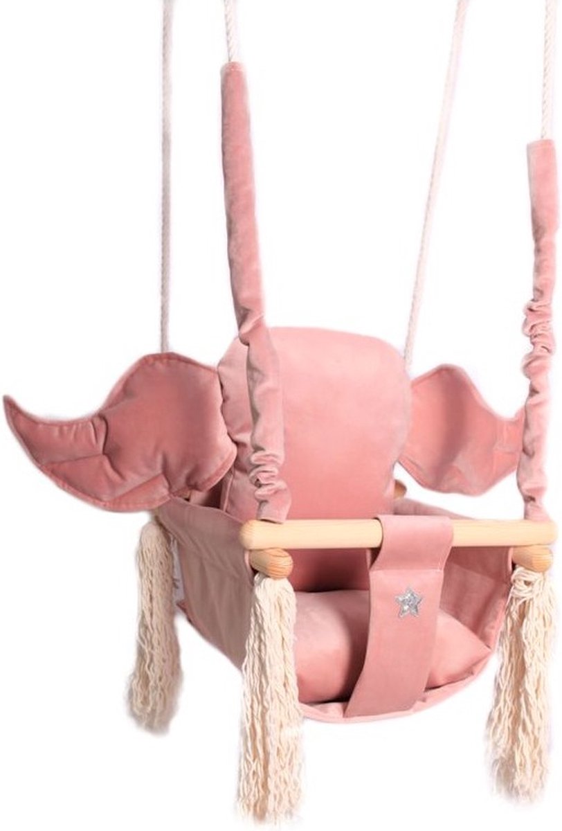 Luxe houten olifant handgemaakte roze baby schommel en kinder schommel met olifant vormig kussen – Baby swing - Schommelstoel - Schommels - Olifant oren