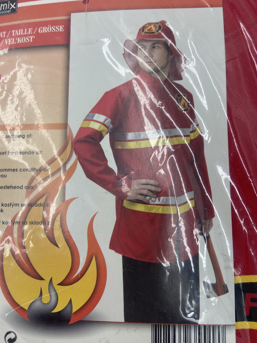 Brandweerman Verkleedkostuum Heren – Rode Jas met Brandweerprint & Helm – Maat M