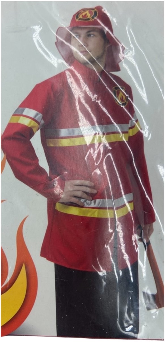 Brandweerman Verkleedkostuum Heren – Rode Jas met Brandweerprint & Helm – Maat S
