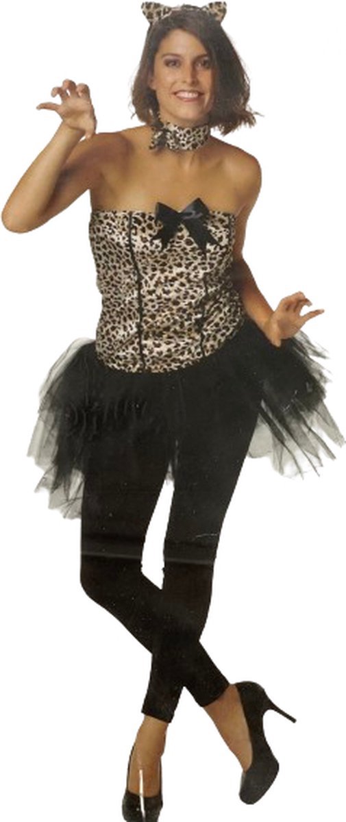 Katten Verkleedset – Strapless Jurk met Staart, Diadeem met Oortjes en Strik Halsband – One Size – Luipaardprint