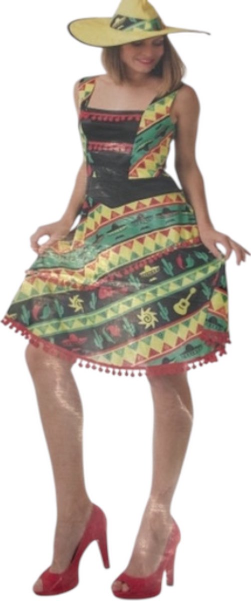 Mexicaanse Verkleedjurk Dames met Sombrero – Kleurrijke Fiesta Outfit – Maat L