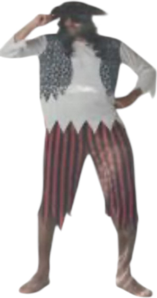 Piraat Kostuum – Gestreepte Broek, Witte Gerafelde Blouse, Skull Vest & Hoofddoek – XL