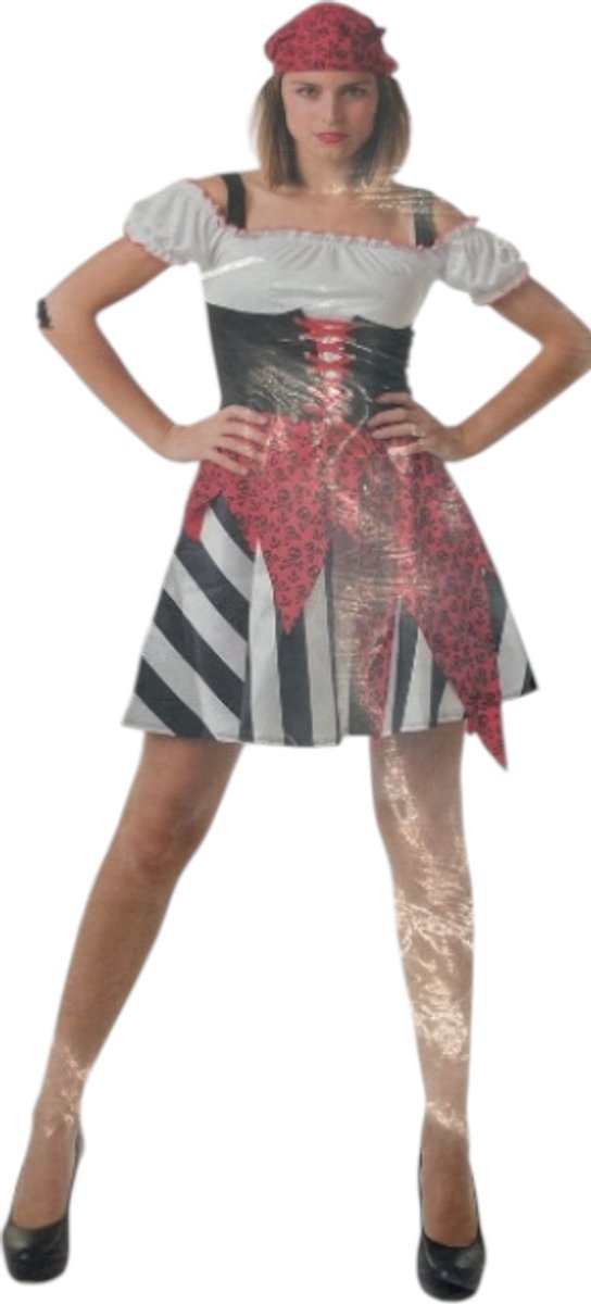 Sexy Piratenkostuum – Zwart/Wit/Rood Jurkje met Bijpassende Hoofddoek – Verkleedkleding voor Vrouwen