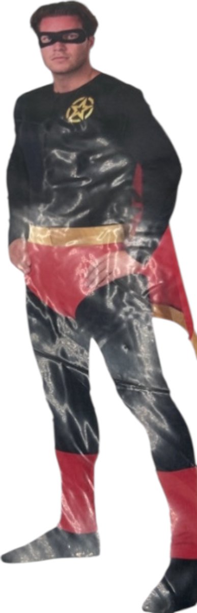 Superhelden Verkleedkostuum Heren – Zwart Pak met Rood/Gele Cape & Masker – Maat M