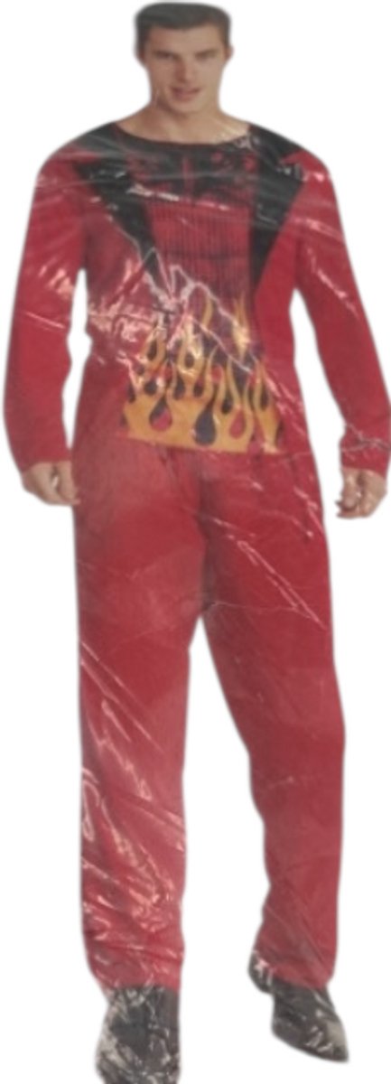 Vurig Duivel Verkleedkostuum Heren – Rood Topje met Vlammenprint & Broek – Maten M