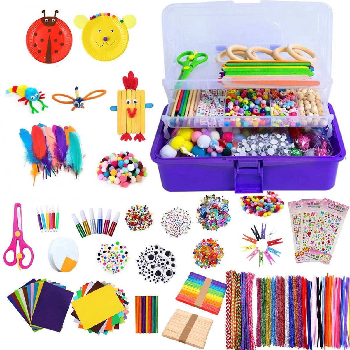 3000+Stuks Knutselset voor kinderen- Creatief-Zelfmaakset-Knutselkoffer-Knutselwerk voor Kinderen-knutselaccessoires-Wiggle ogen-veren-pijpenragers-pompons-kralen-cadeau voor kinderen