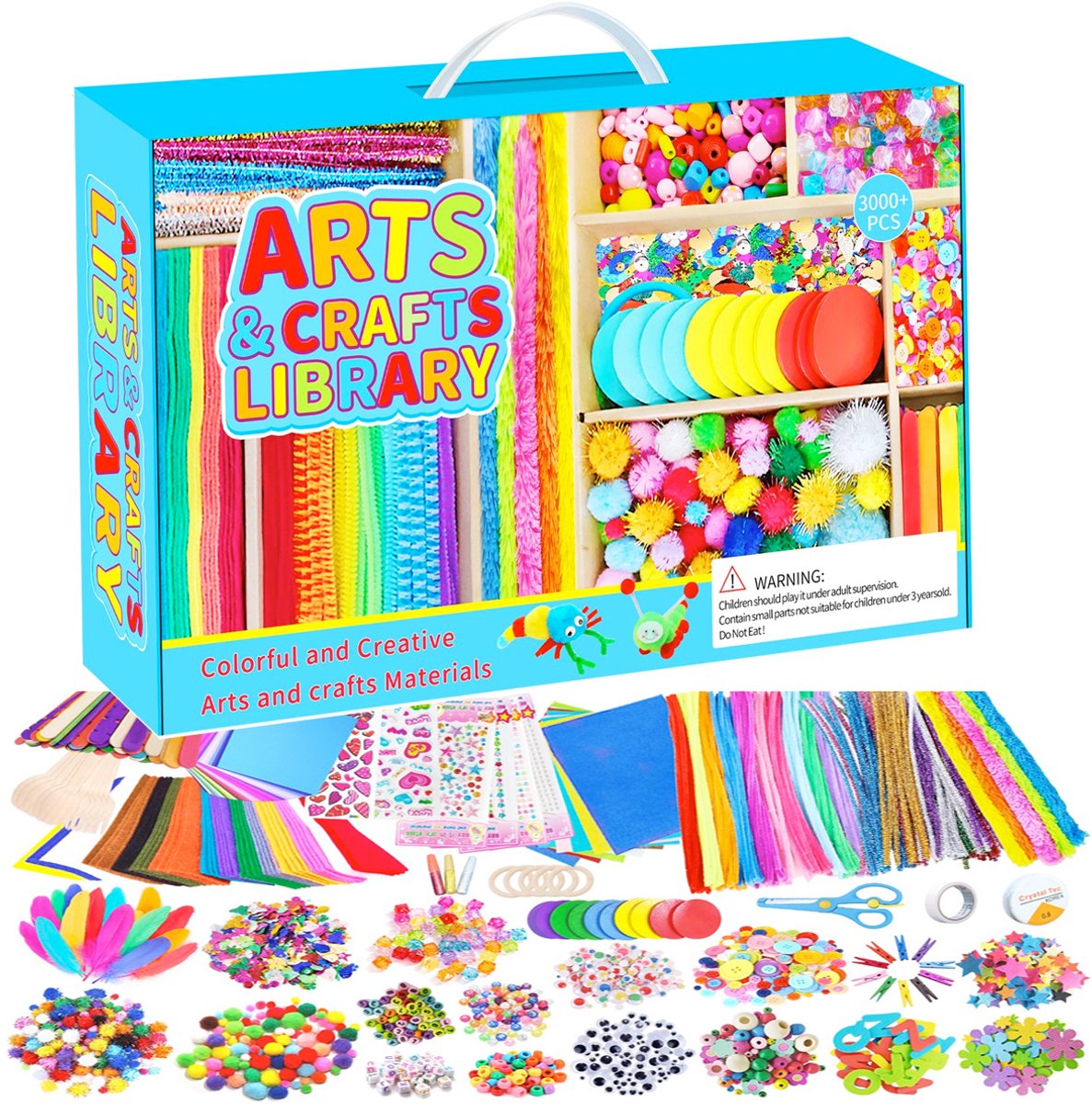 3000+Stuks Knutselset voor kinderen-Zelfmaakset-Knutselkoffer-Knutselwerk voor Kinderen-knutselaccessoires-Wiggle ogen-veren-scrapbooking-pijpenragers-Creatief-pompons-kralen-cadeau voor kinderen