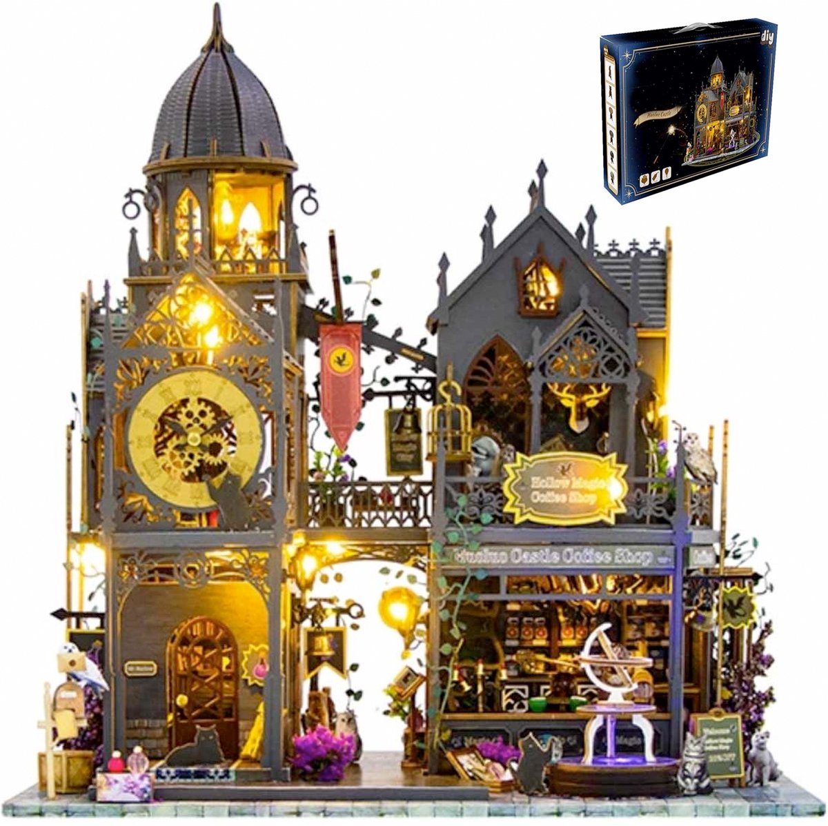 3D Puzzle-Premium DIY miniatuur poppenhuis kit-houten modelbouw-Magic Kasteel-Magisch houten poppenhuis met Led-Halloween Handgemaakte Houten-creatief bouwmodel speelgoed poppenhuis voor jongens en meisjes