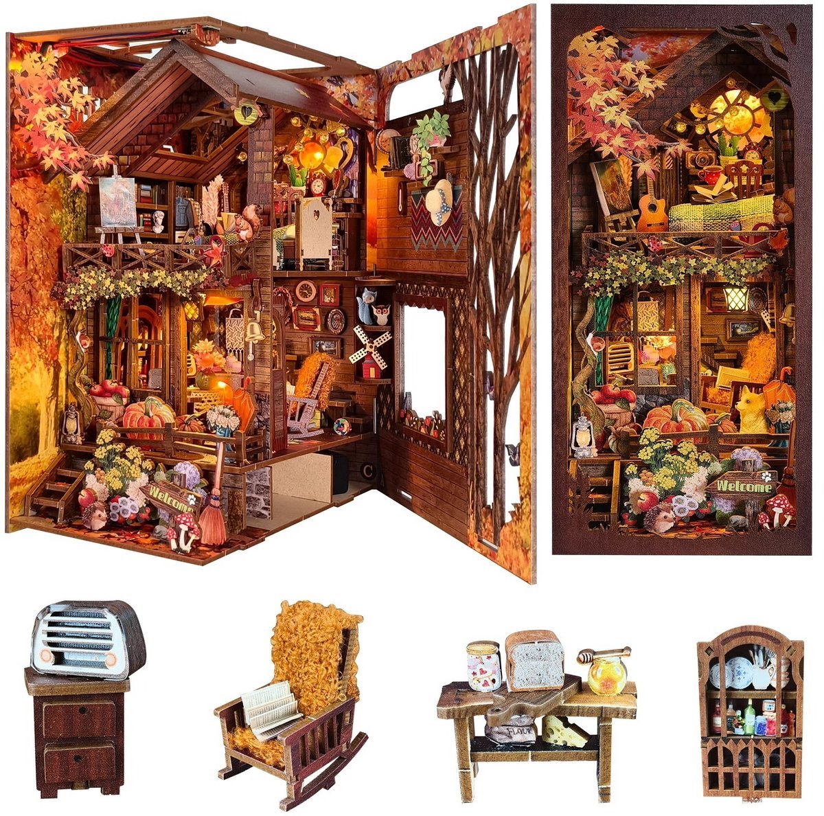 Boek Nook Kit-DIY Miniatuur Huis Kit Boek Nook-Schemer Lodge-3D Houten Boek Stand Puzzel-Model Bouwpakket Met led en stofkap-DIY Poppenhuis Kits voor Kinderen en Volwassenen-Cadeau voor Verjaardag Thanksgiving Day Kerstmis