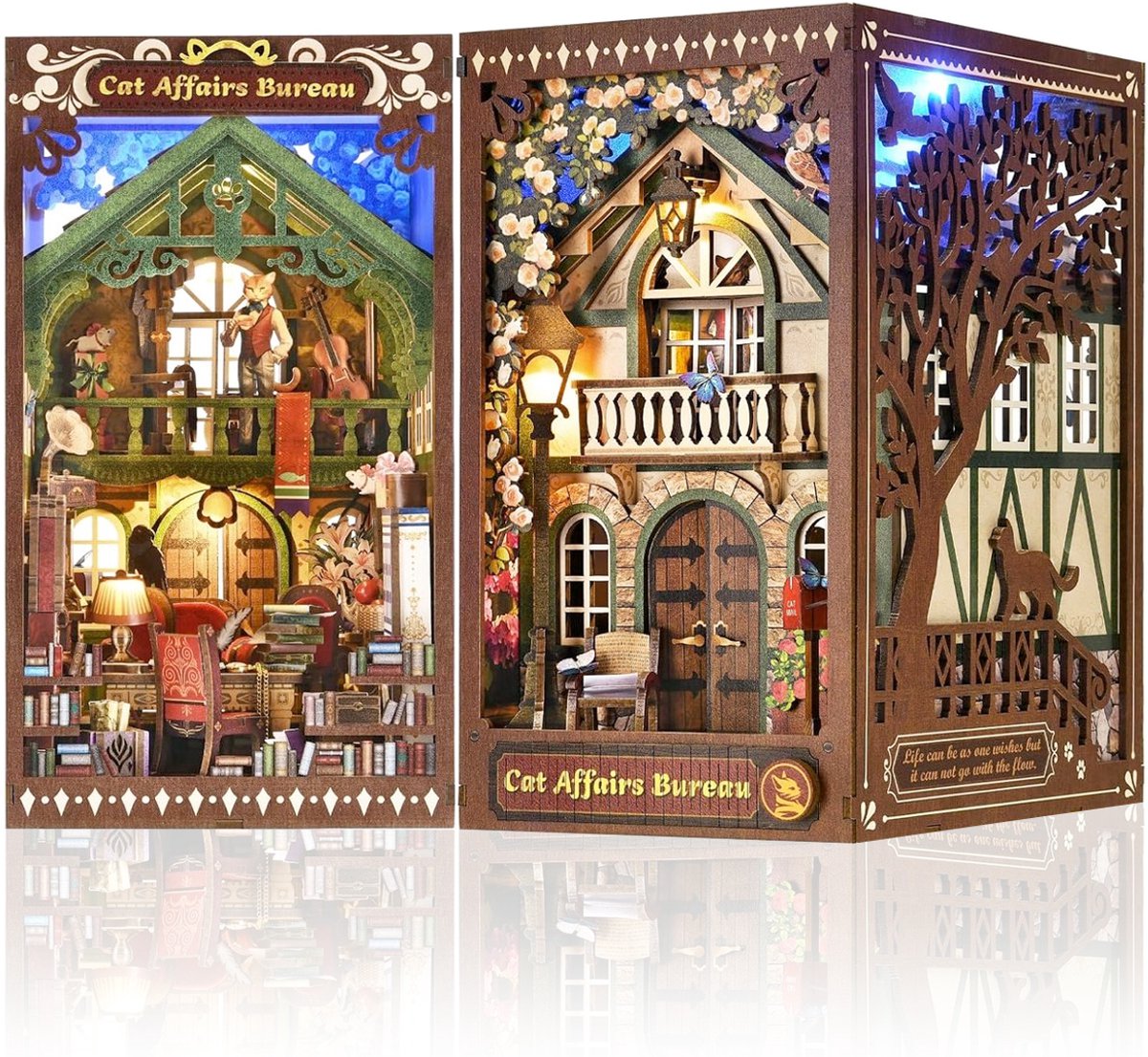 Book Nook Kit-Katten kantoor-Houten modelbouw voor Volwassenen-Tweezijdig model Bouwpakket-Met led en stofkap-DIY Miniatuur Poppenhuis Boekennook -3D Houten Boekennook Miniatuurkit met LED-licht