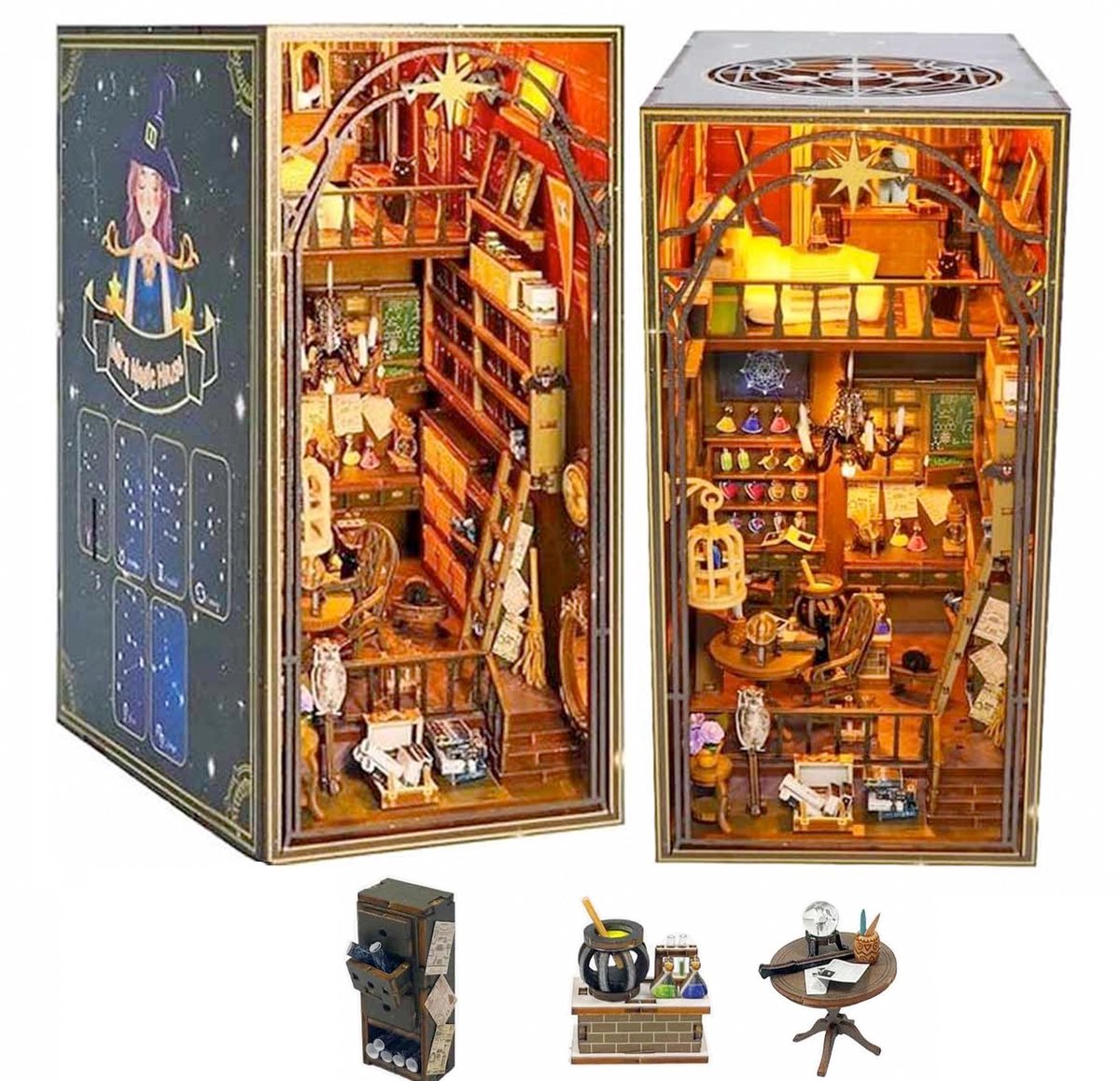 DIY Book Nook Kit-DIY Magic Book Nook Kit- Mira Magisch huis-DIY miniatuur poppen huis- met LED-licht en meubels - doe-het-zelf houten poppenhuis kit -puzzel huis model bouwsets, thuis, boekenplank decor