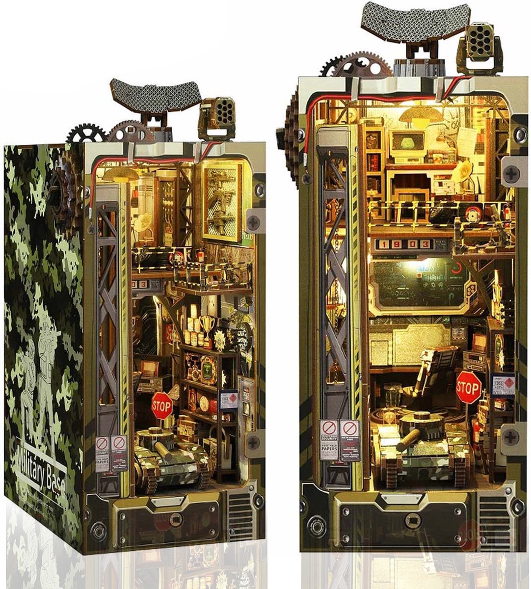 DIY Book Nook Kit-Militaire stijl-Premium 3D Houten puzzel boekensteunen-Met muziek-Realistische wapens-Sensorlicht-Tandwielrotatiefunctie toevoegen-Booknook modelbouwset met led-licht-Houten modellen om te bouwen voor volwassenen