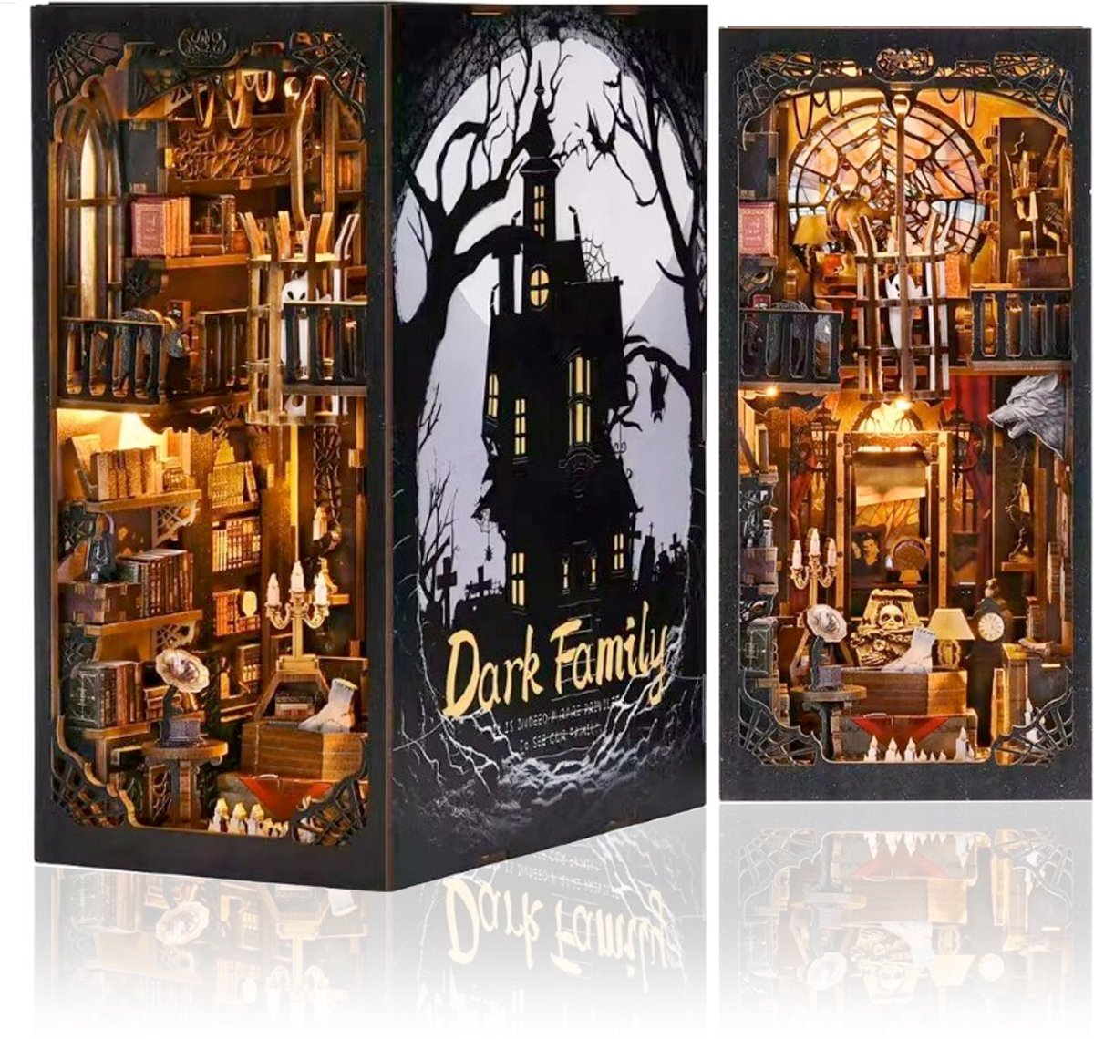 DIY Book Nook Poppenhuizen Kit-Adams Thuis-Halloween-DIY miniatuur huiskit met LED-licht-3D puzzel boekensteunen van hout-modelbouw houten bouwset volwassenen（Donkere serie）