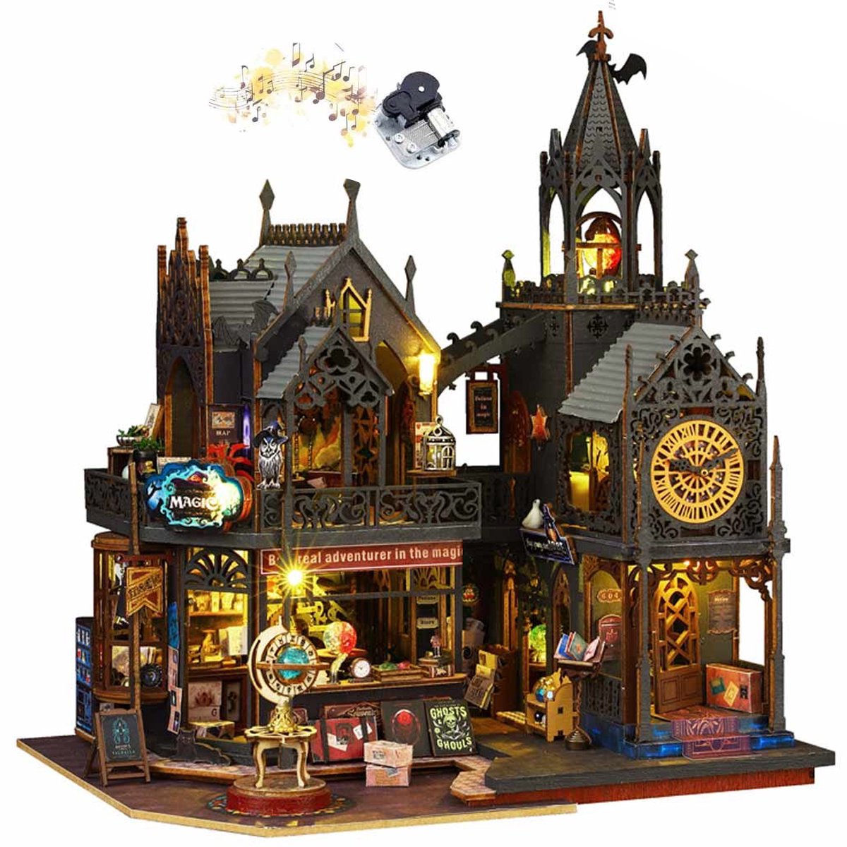 Houten modelbouw- Premium DIY miniatuur poppenhuis kit-Holo Magic City-Magisch houten poppenhuis met Muziek doos & Led-Halloween Handgemaakte Houten,creatief bouwmodel speelgoed poppenhuis voor jongens en meisjes- Cadeau voor Vaderdag