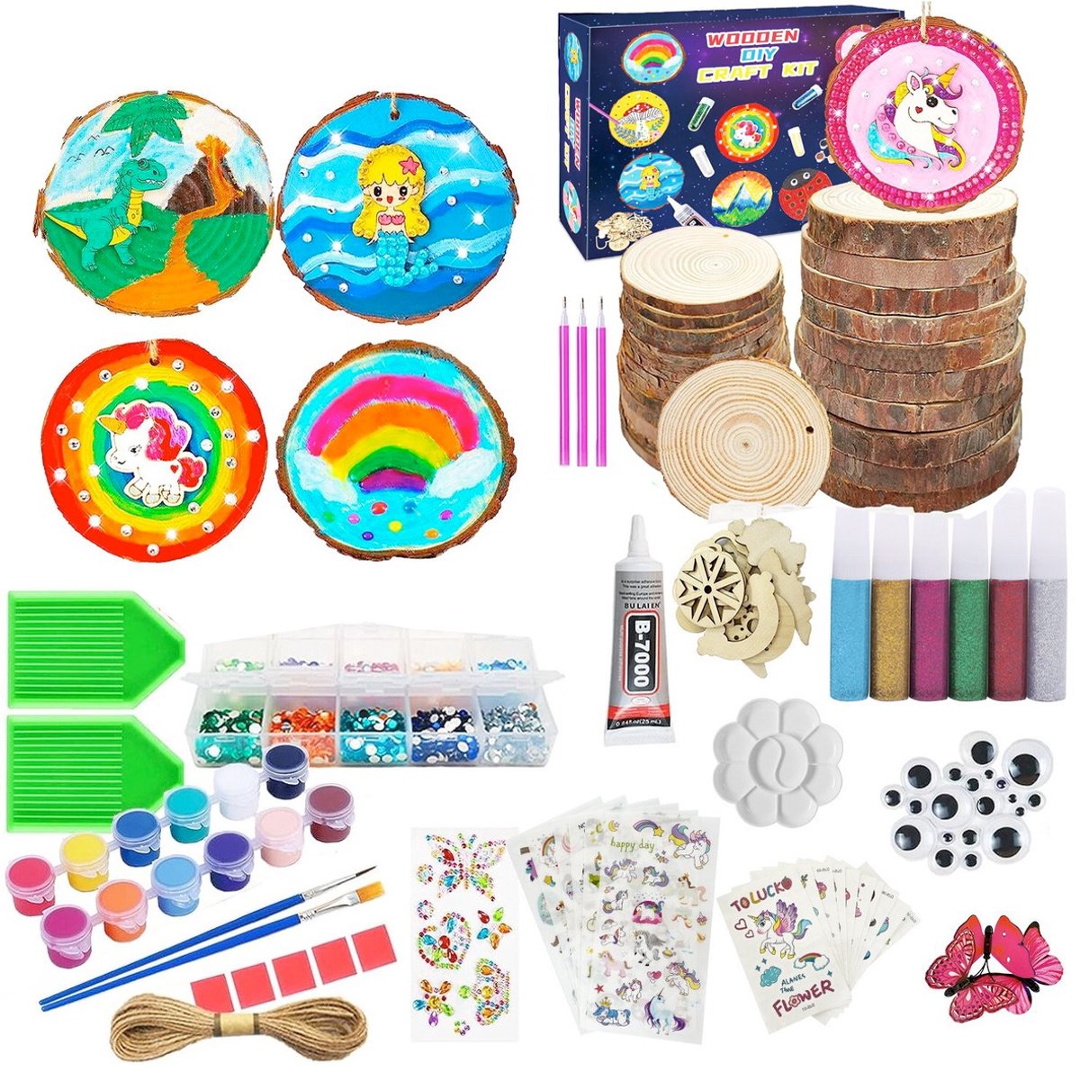 Houten schijf-Natuurlijke houten schijven set-10-12 cm houten log-Met penselen-verf-decoraties-Onafgewerkte houten-Schijven om te knutselen-DlY handwerk-Middenstuk-Kerstdecoratie