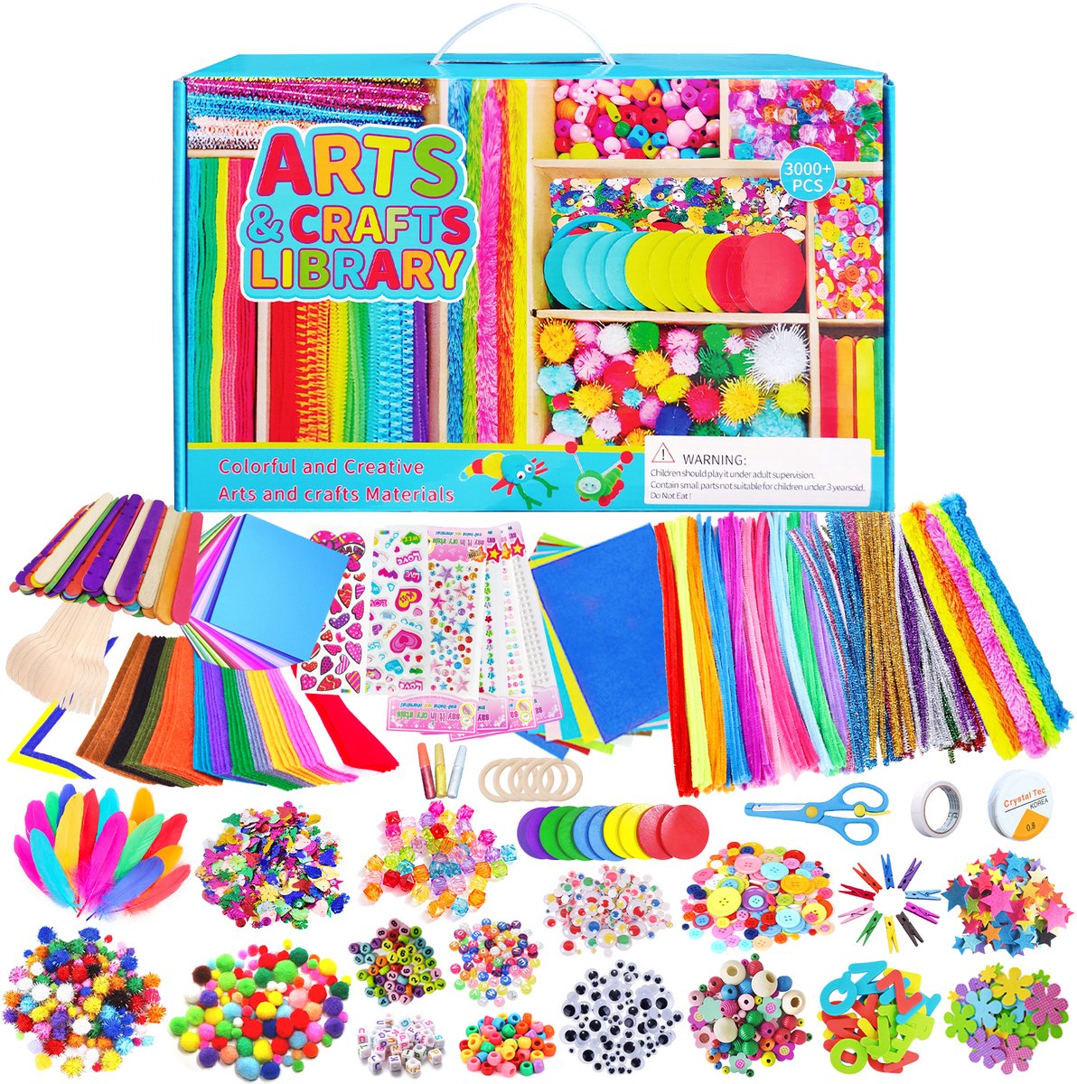 Meedeer Knutselset voor kinderen-3000+Stuks Creatief-Zelfmaakset-Knutselkoffer-Knutselwerk voor Kinderen-knutselaccessoires-Wiggle ogen-veren-scrapbooking-pijpenragers-pompons-kralen-cadeau voor kinderen