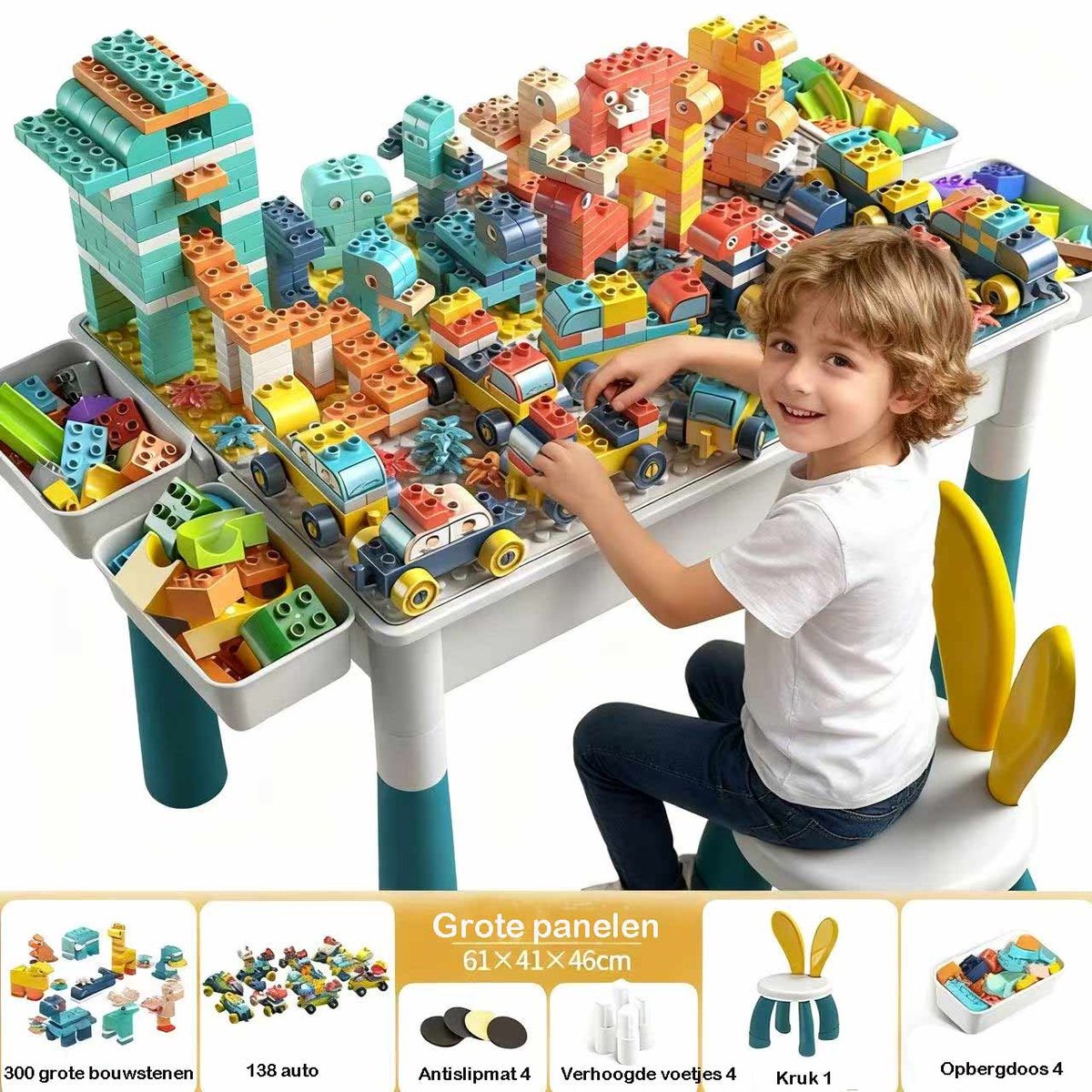 Meedeer   voor Kinderen-61*41*46cm-300 Bouwblokken-Kindertafel met Bouwspeelgoed-Bouwtafel-Bouwstenen-138 Bouwstenen voor autos-Met stoel en 4 opbergdozen