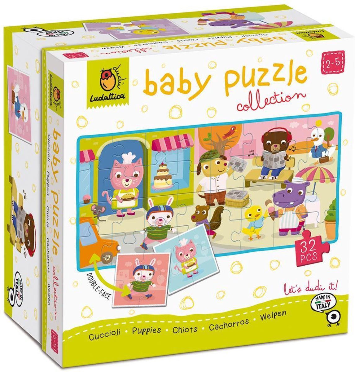 Ludattica DUDÙ Puzzels: PUPPIES, 8 dubbelzijdige puzzels 4-delig 16x16,7cm (tekening op achterzijde 32-delig 67x32 cm), 2+