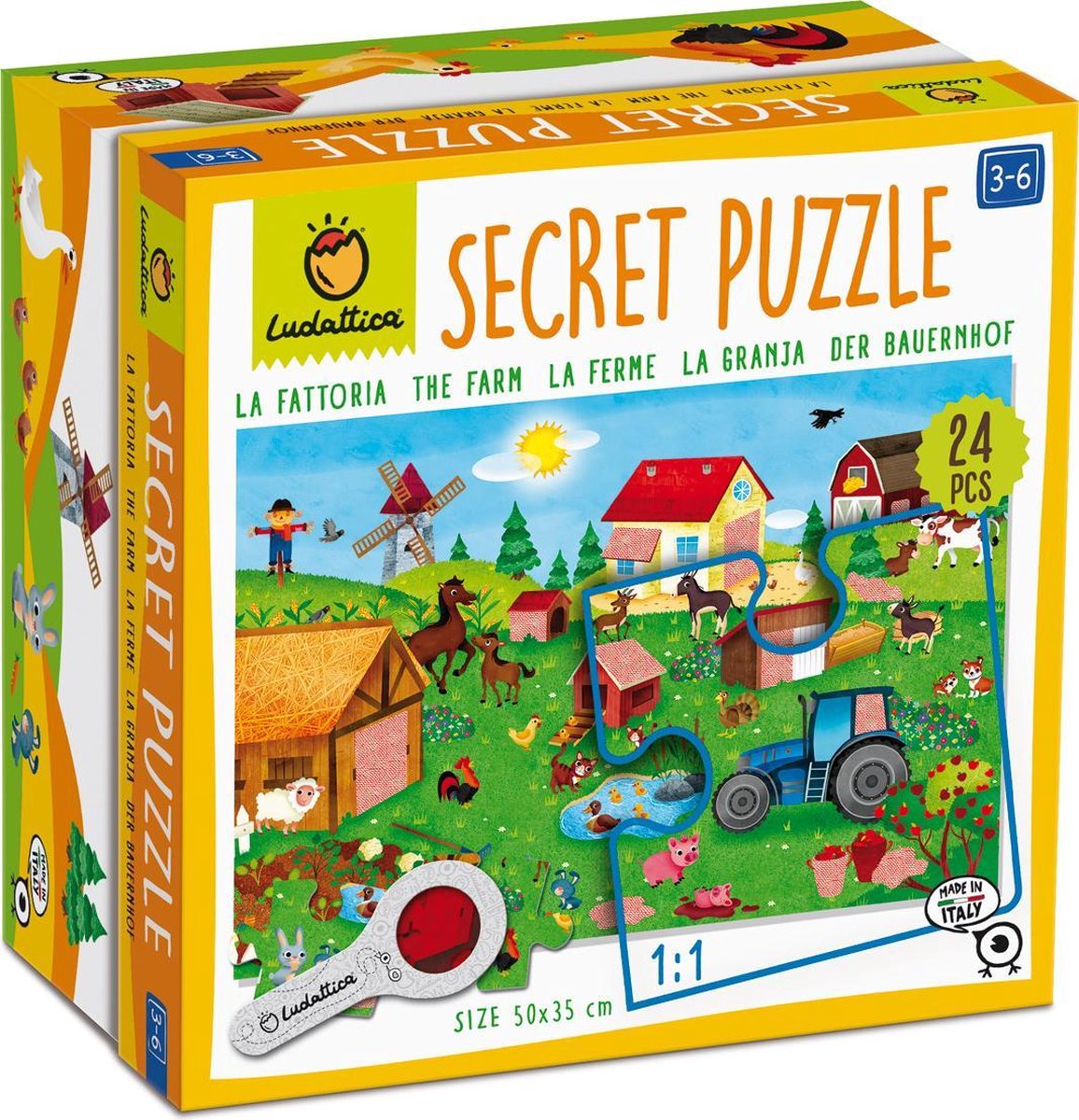 Ludattica Puzzels: BOERDERIJ - Secret puzzel 18x18x10,5cm, 24-delig, 35x50cm,  met vergrootglas met rode filter, 3+