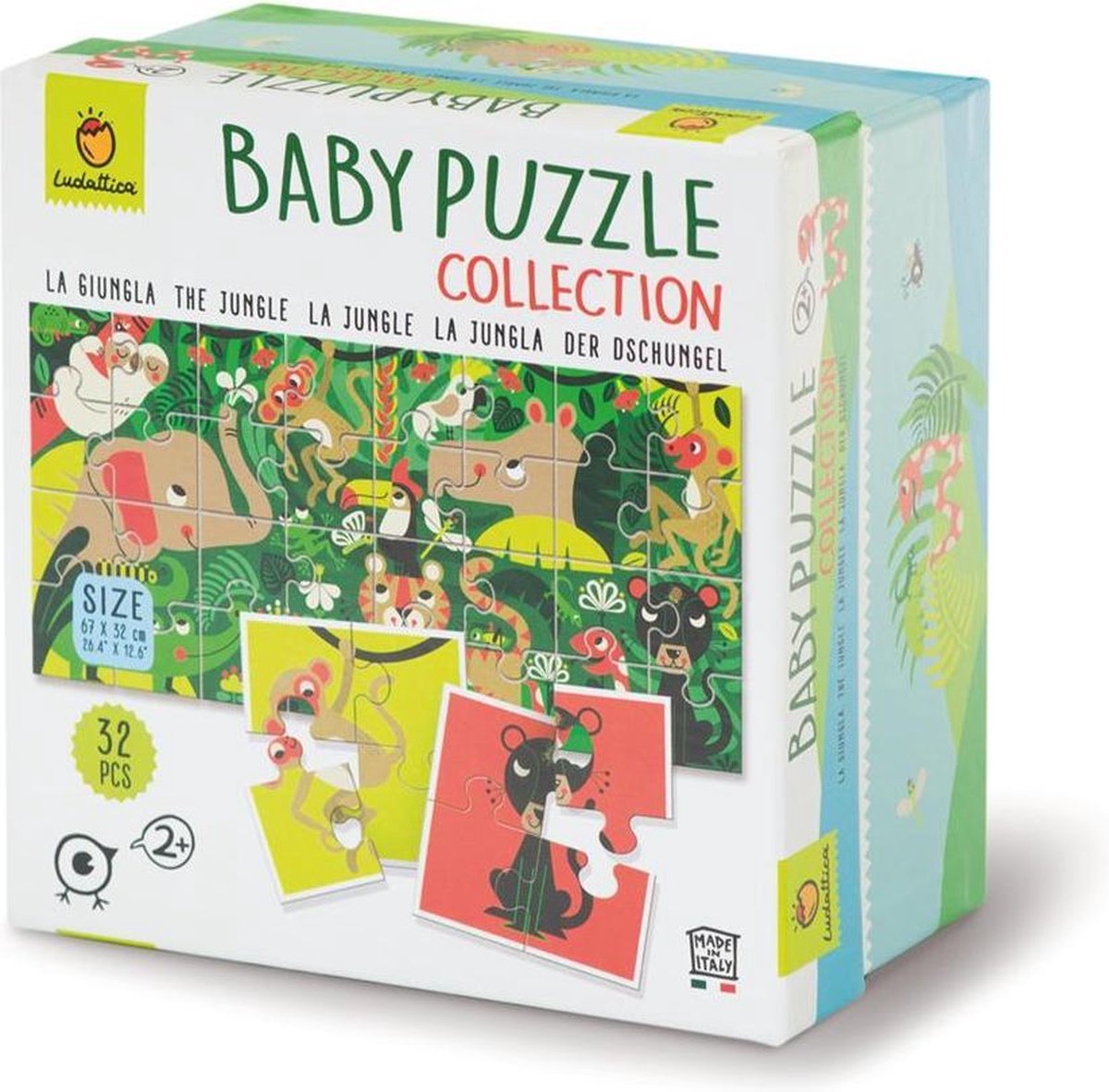 Ludattica Puzzels: DE JUNGLE - Baby puzzel 18x18x10,5cm, 8 puzzels van 4  stukjes (16x16cm) vormen op de achterkant een puzzel van 32 stukjes, 2+