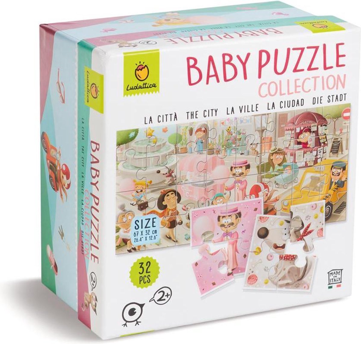 Ludattica Puzzels: DE STAD - Baby puzzel 18x18x10,5cm, 8 puzzels van 4 stukjes  (16x16cm) vormen op de achterkant een puzzel van 32 stukjes, 2+