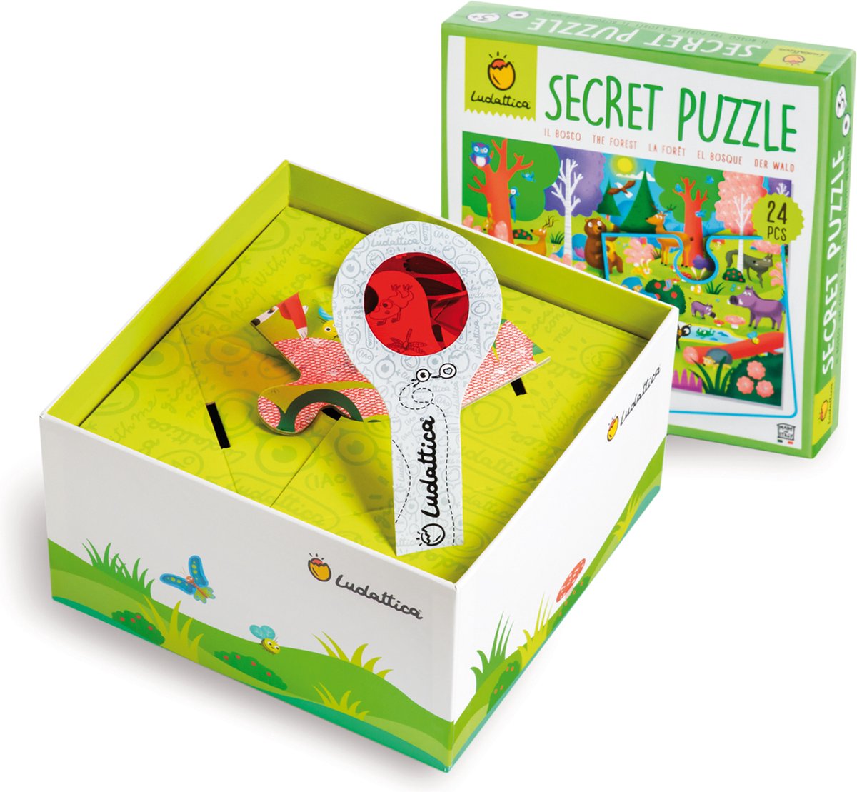 Ludattica Puzzels: SECRET PUZZEL BOS, 18x18x10,5cm, 24-delig, 35x50cm, met vergrootglas met rode filter, 3+