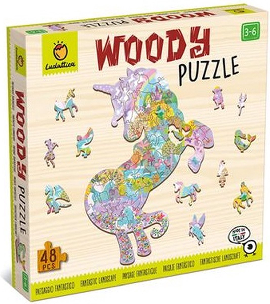 Ludattica Puzzels: WOODY PUZZEL LANDSCHAP 25x35cm, 48-delig, 12 figuurtjes, in hout , 3+