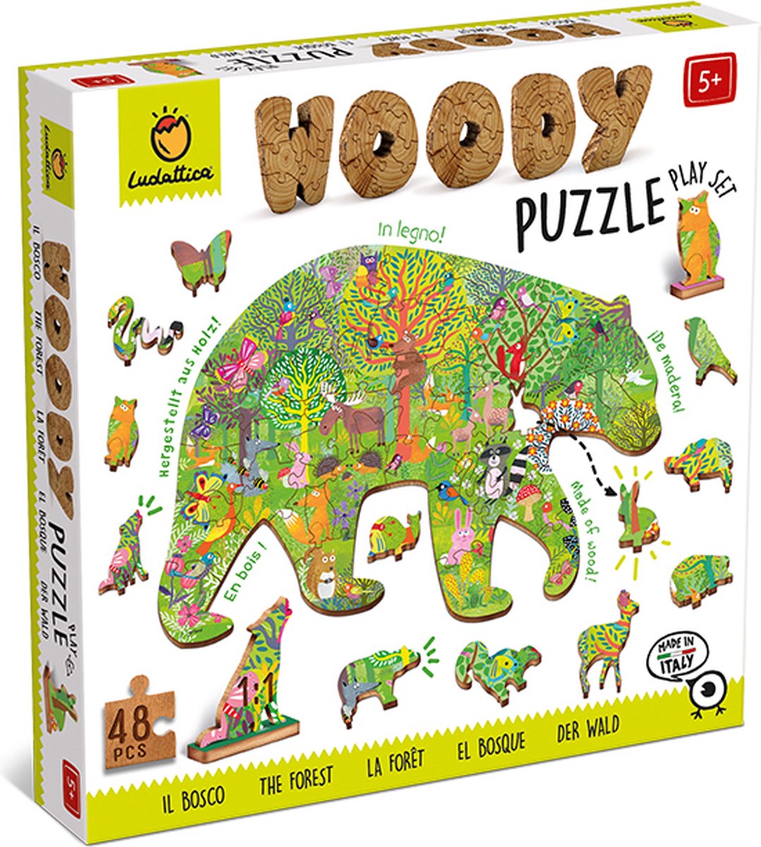 Ludattica Puzzels: WOODY PUZZEL WOUD 25x35cm, 48-delig, 12 figuurtjes, in hout, 3+