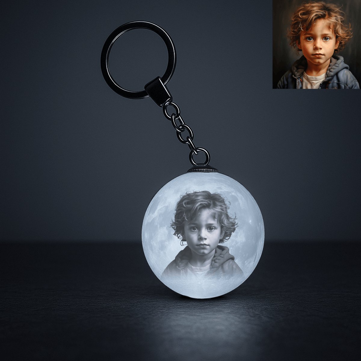 Gepersonaliseerd Cadeau - Gepersonaliseerde Kersthanger - Sleutelhanger met Maanlampstructuur – 5cm - Inclusief Batterijen - Eigen Foto + Naam of Datum - Gepersonaliseerd Geschenk - Tassenhanger - Tashanger