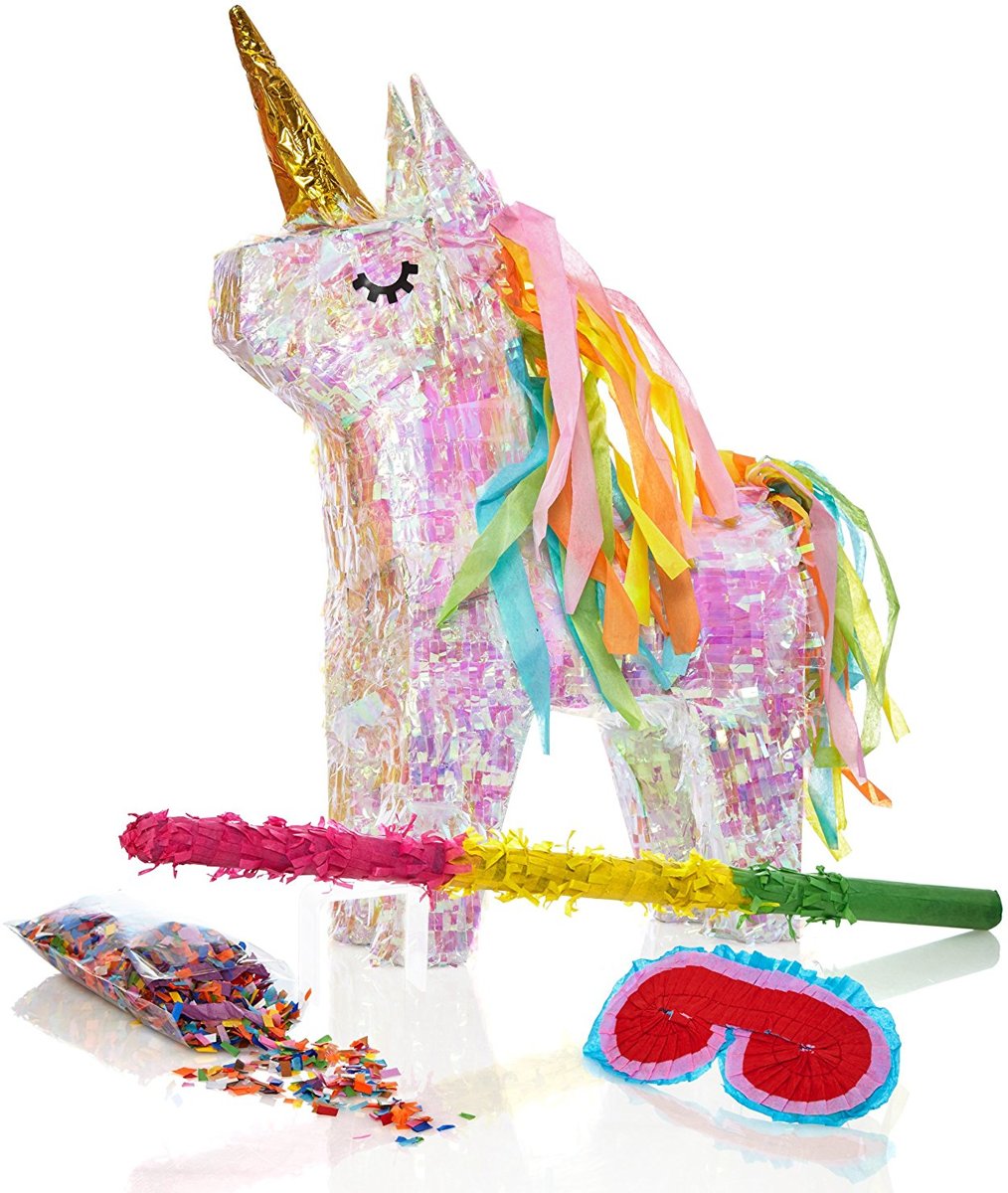   -   set incl. pinata blinddoek en 50 gr confetti - 40x14x54 cm - Regenboog eenhoorn