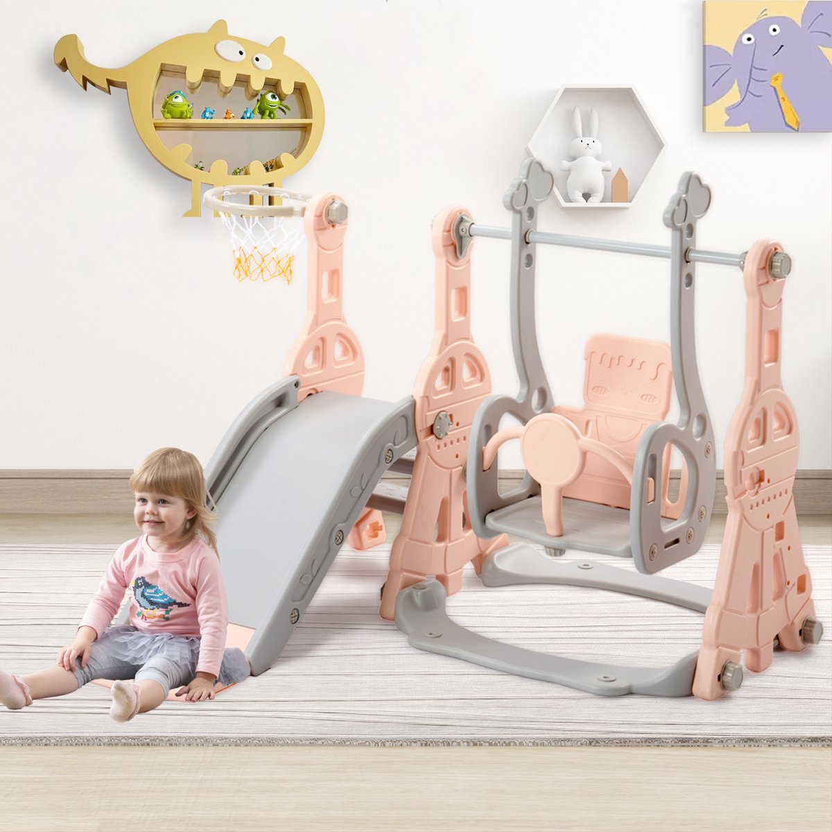 4 in 1 kinderglijbaan, glijbaan en schommelset voor peuters, kinderglijbaan met schommel, basketbalstandaard, ladder, Van 1-6 Jaar,roze