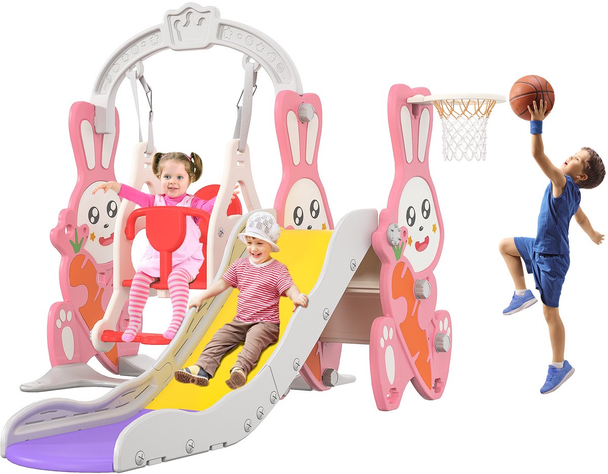 4 in 1 kinderglijbaan, glijbaan met konijnenthema en schommel, basketbalring, ladder, voor kinderen van 1-5 jaar, roze