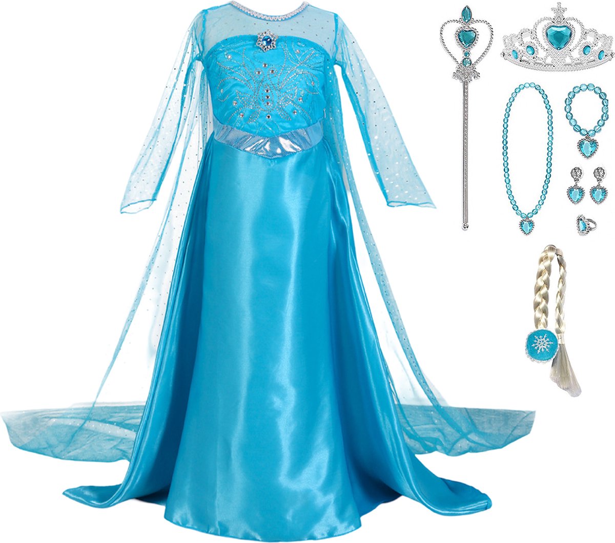 Elsa jurk - Prinsessenjurk meisje - verkleedkleding kind - maat 134/140 - blauwe verkleedjurk inclusief tiara toverstaf