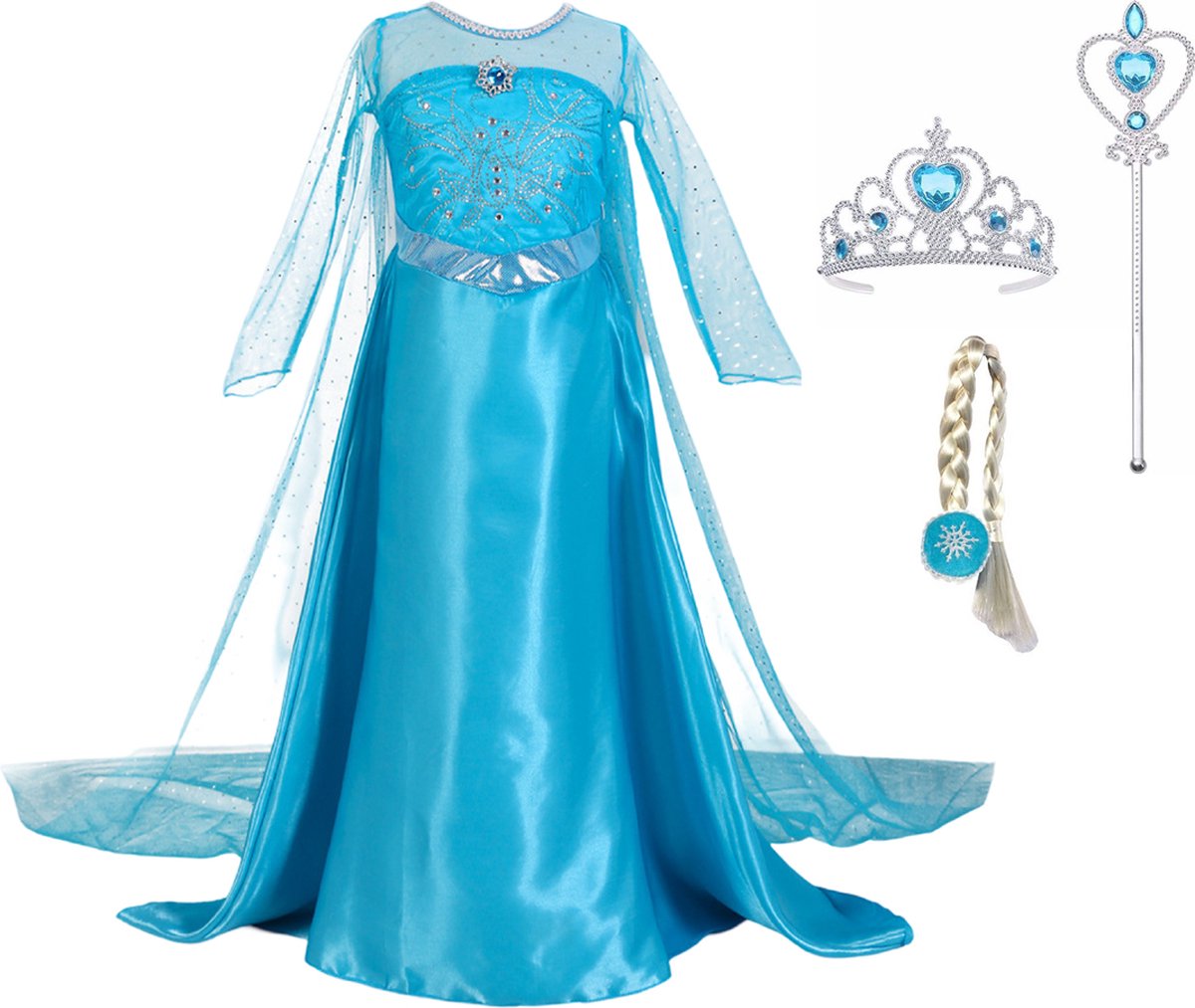 Elsa jurk - Prinsessenjurk meisje - verkleedkleding kind - maat 98/104- blauwe verkleedjurk inclusief tiara toverstaf