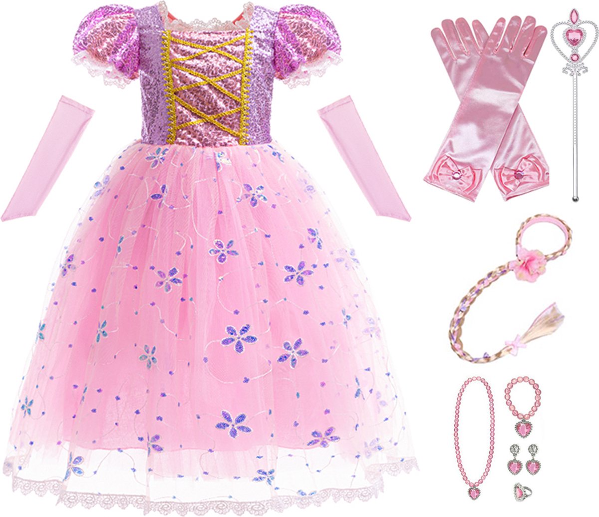 Lunja prinsessenjurk meisje - verkleedjurken meisjes - maat 110/116 - verkleedkleren kind - prinsessen verkleedkleding - haarband met blonde vlecht - handschoenen - toverstaf - roze
